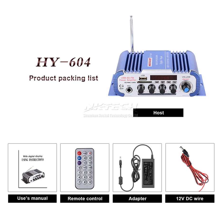 NKTECH HY-604 Car Audio High Power Digital Amplifier 4CH x 45W Hi-Fi Player with MIC Karaoke Reverberation Support FM SD DVD MP3