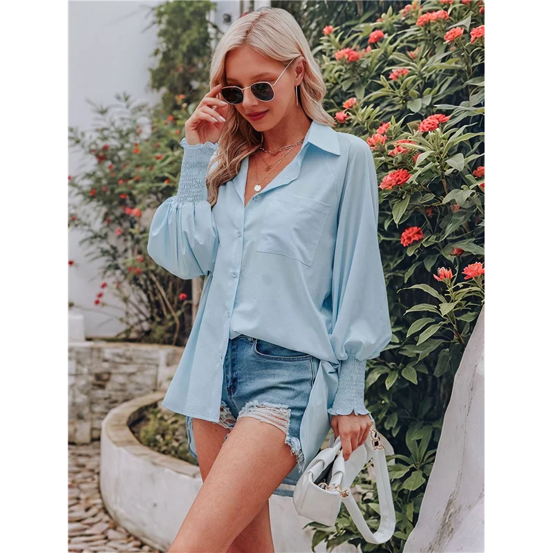

【SEE】Women's Button Down Striped Shirts Collared Puff Long Sleeve Oversized Smocked Blouses With Pocket