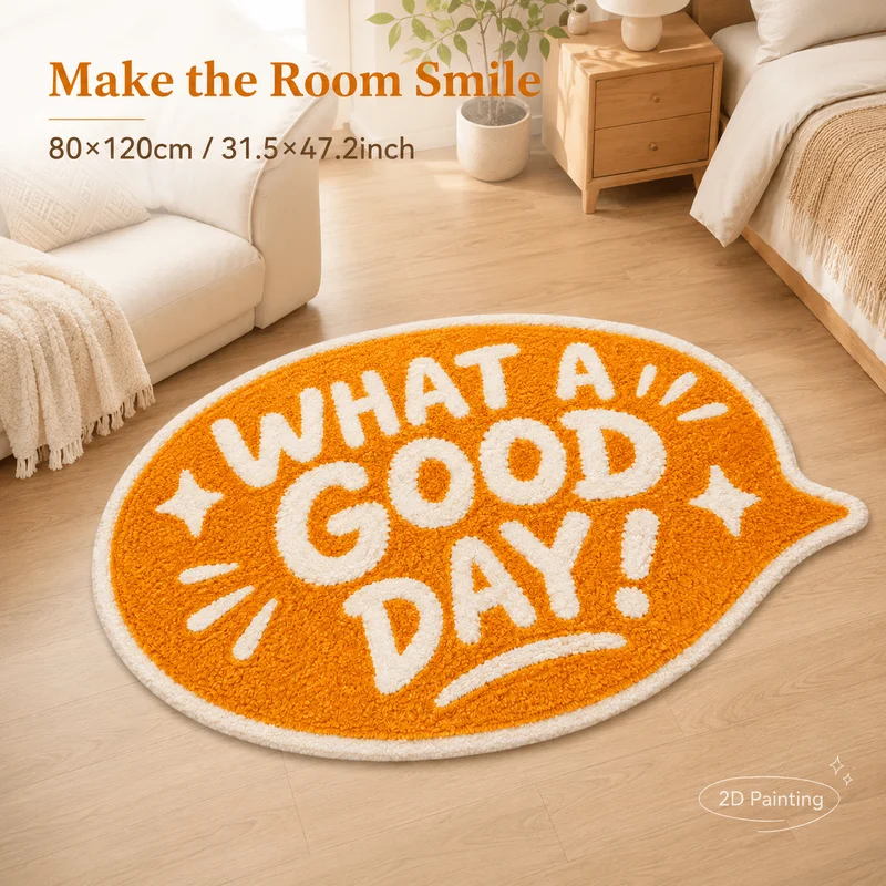 VIKAMA What A Good Day Rug Speech Bubble Irregular Shaped Orange Soft Fluffy Non Slip Washable for Living Room Bedroom Decor