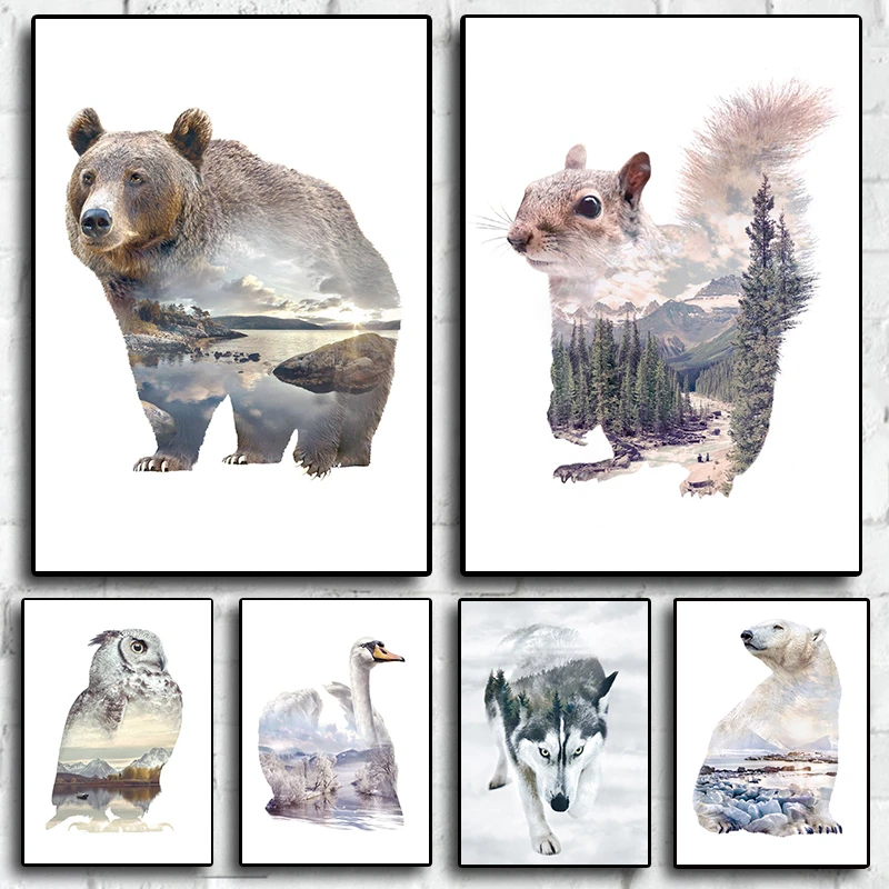 Nordic Style Animals Poster Aesthetics Natural Scenery Illustration Bear Wolf Canvas Print Walll Art Home Decoration Room Decor