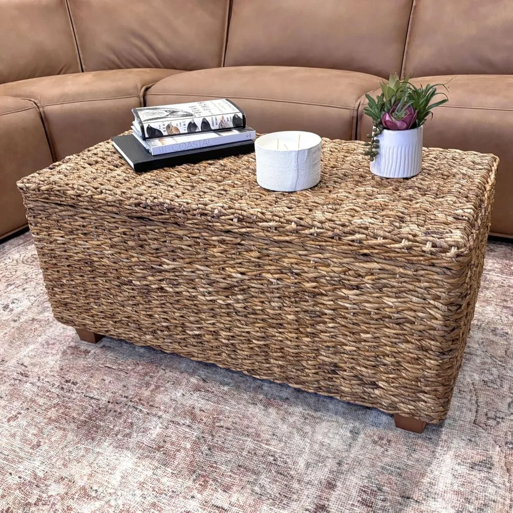 Woven Rattan Storage Coastal Coffee Table - Handwoven Natural Brown Rattan, Hidden Storage, Solid Wood Frame, 37x20x18 Inches (