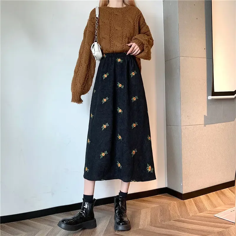 Vintage Corduroy Skirt Women Autumn Winter New Loose Embroidery Floral High Waist Long Skirts Female