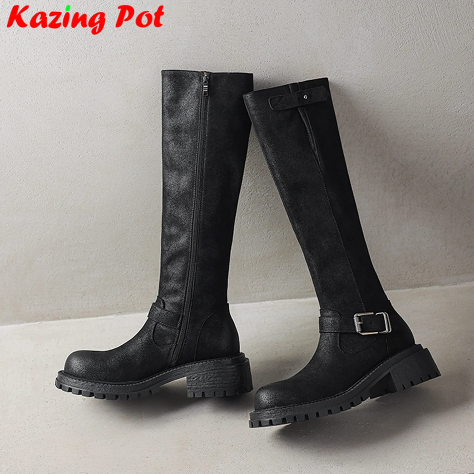 Krazing Pot Cow Leather Vintage Med Heels Western Long Boots Winter Shoes Belt Buckle Luxury Chic Gifts Women Thigh High Boots