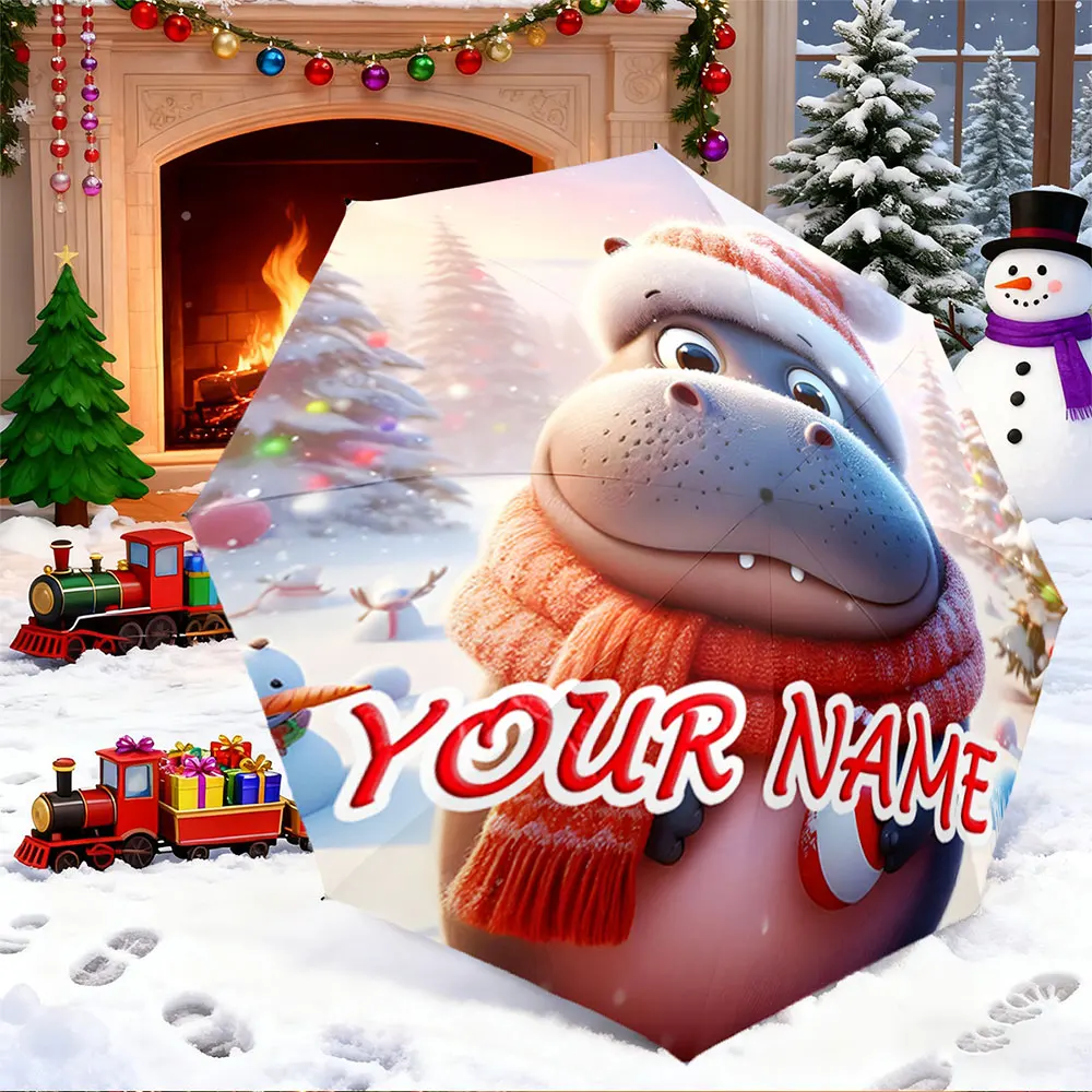 Custom Name Umbrella， Cute Hippo in Santa Hat with Snowy Christmas Background ,Portable Folding Umbrella, Christmas Gift