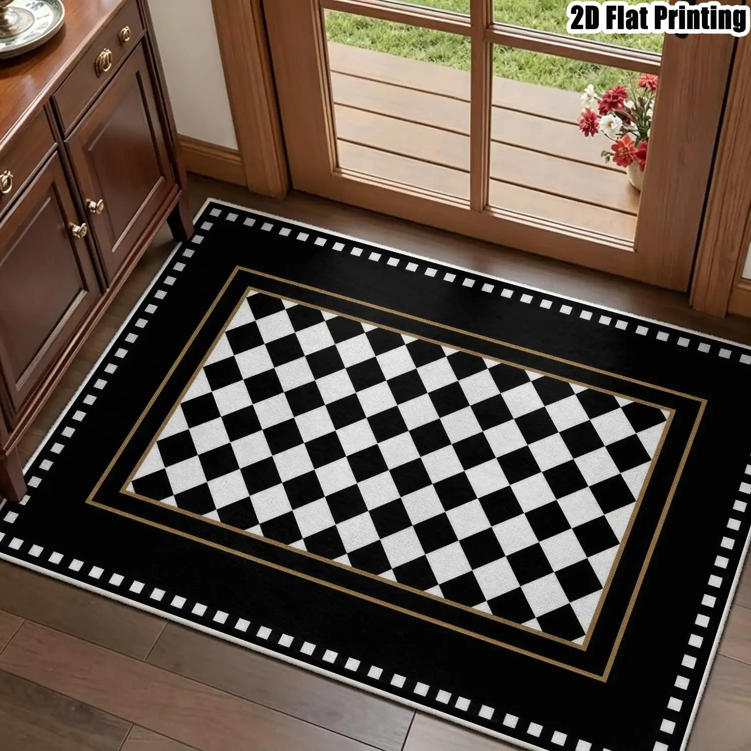 1Pc 2D Printed Black White Geometric Velvet Carpet: Modern Simple Retro Instagram Style, Machine Washable, Multi-Size, Ideal for Home Decor, Entrance/Dining/Bedroom/Living Room