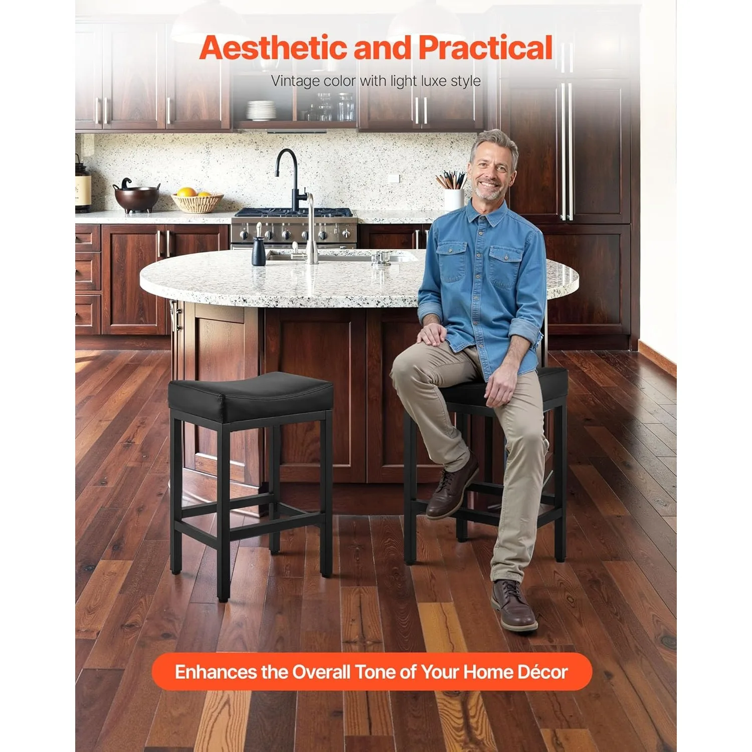 Conjunto de bancos de bar modernos de couro PU de 25 polegadas, bancos de altura de balcão com pernas de metal e assento de sela para ilha de cozinha, bar e decoração de casa