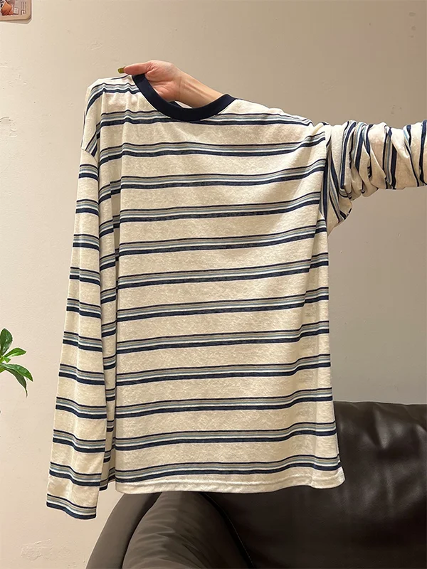 Extra Large Size 240 Pounds European Style Striped Color Block round Neck Long Sleeve T-Shirt Women's Casual Base Shirt