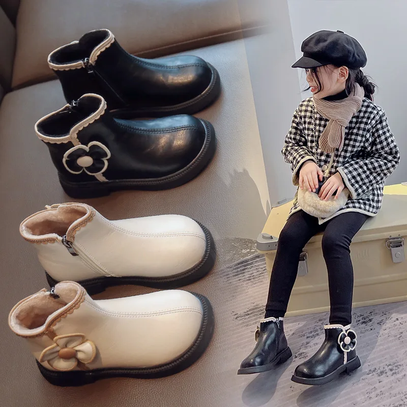 2-12Years Old Kids Boots Fashion Warm Children Ankle Booties Autumn Winter Girls Flowers PU Leather Shoes Footwear Black Beige