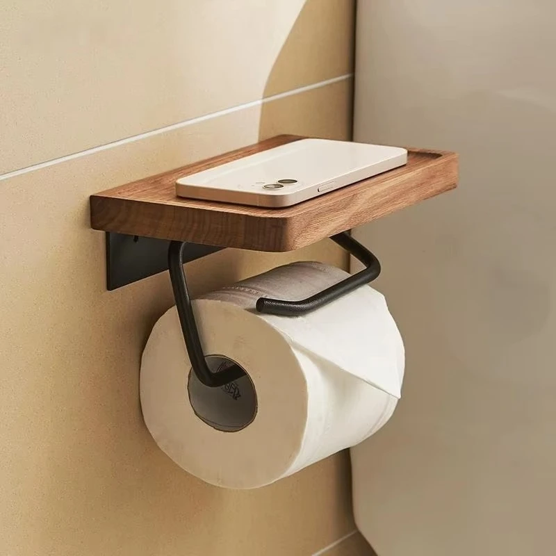 Walnut Beech Finish Bathroom Tissue Box, Adhesive Wall Mount No Drill Toilet Paper Holder with Wood Shelf, Roll & Sheet Rack