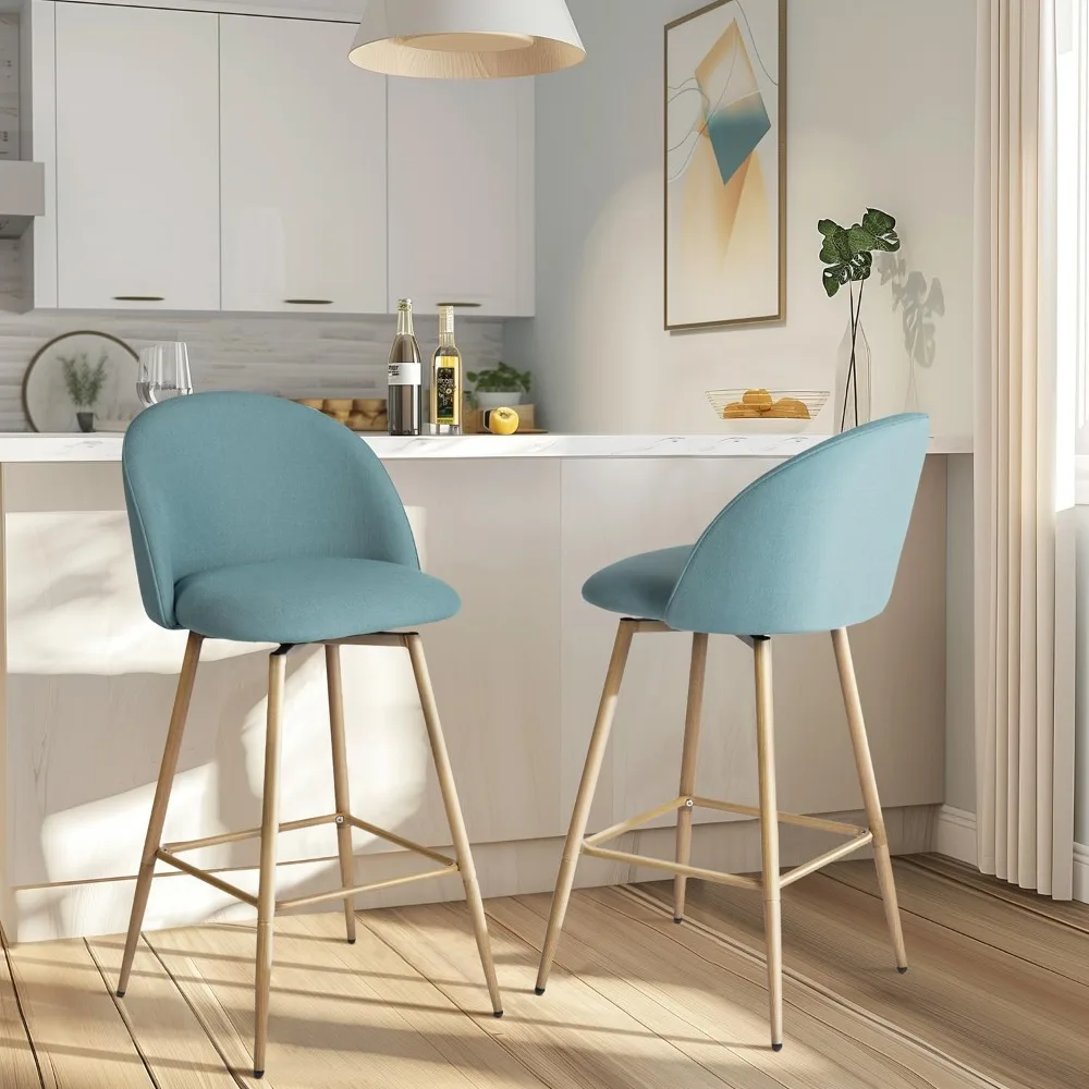 

Set of 2 Counter Height Bar Stools, 360° Swivel, Blue Upholstered Seat with Oak Wood Print Metal Legs, Ideal for Kitchen