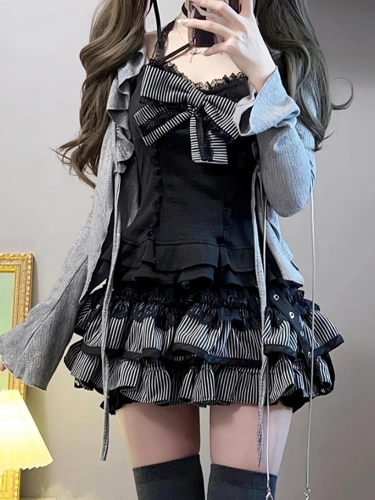 Y2k القوطية الزي النساء ثقافة فرعية لطيف القوس مجموعة فستان الحلو الجرونج المحاصيل القمم + ميدي تنورة موضة الحلو الأمريكية E-girl الخريف #4