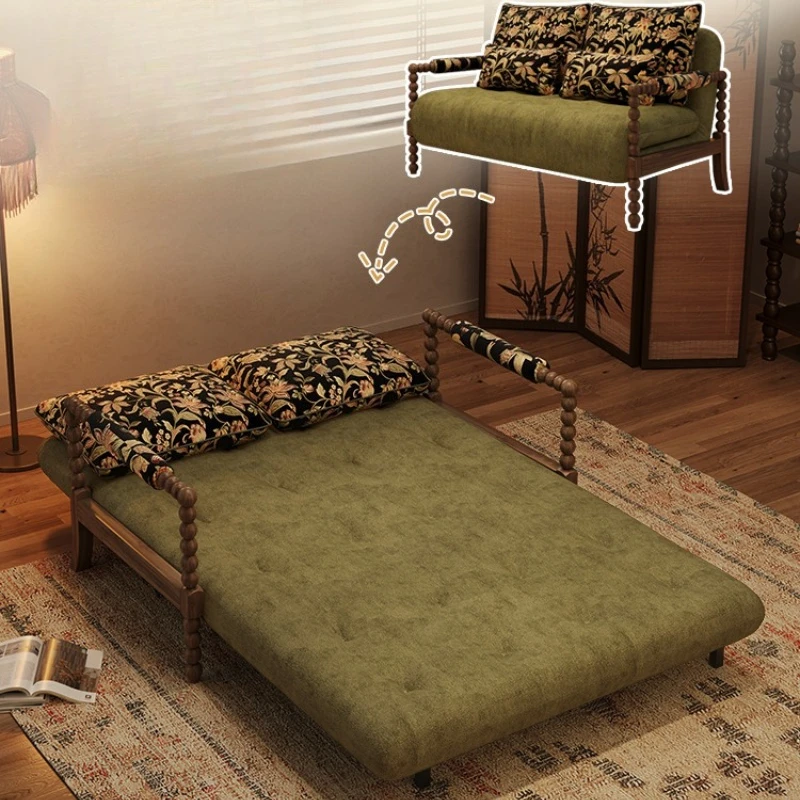 French retro sofa bed solid wood folding dual-purpose small apartment living room multi-function medium and ancient style