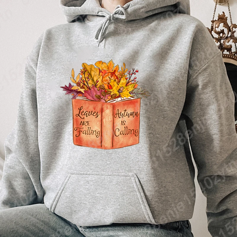 Funny Book Leaves Are Falling Autumn Is Calling Print Women Hoodie Autumn And Winter Pullovers New Ladies Long Sleeve Sweatshirt