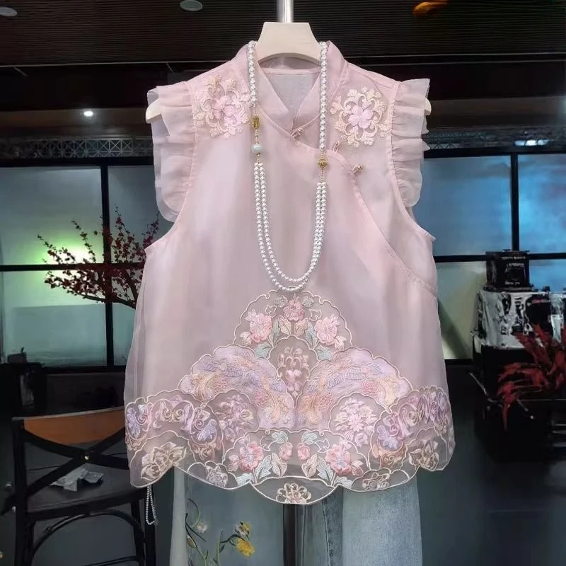 

Винтажный жилет с вышивкой и кружевными вставками, женский легкий топ-безрукавка с воротником-стойкой, розовый, трендовый