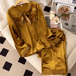 Autumn Winter Velour Sleepwear Velvet LADY Pajamas Set Nightwear Loose Casual Home Clothes Pyjamas Pour Femme 2PCS Trouser Suits