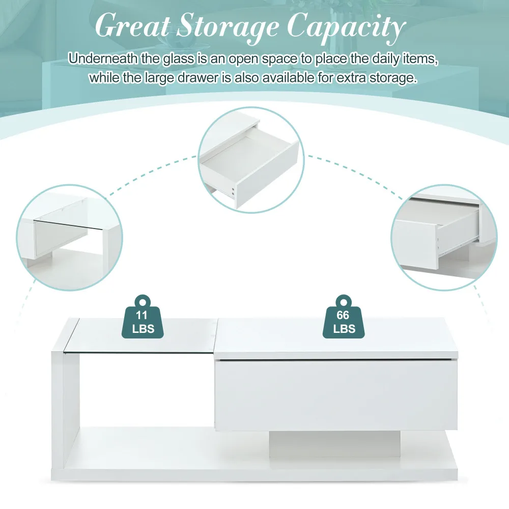 ON-TREND Modern Coffee Table with Tempered Glass Wooden Cocktail Table with High-gloss UV Surface Modernist 2-Tier Rectangle