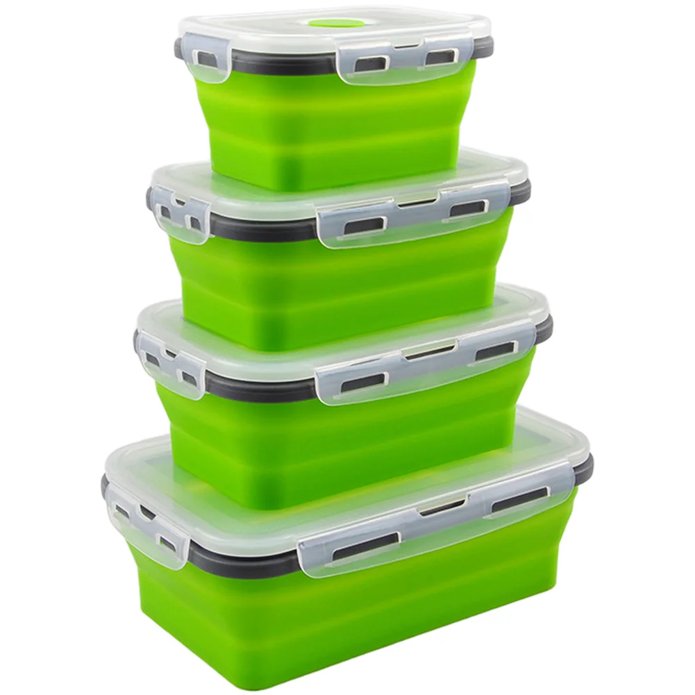 Foldable Silicone Lunch Box Set 4pcs 350ml 500ml 800ml 1200ml Microwave Safe Rectangular Food Storage Containers