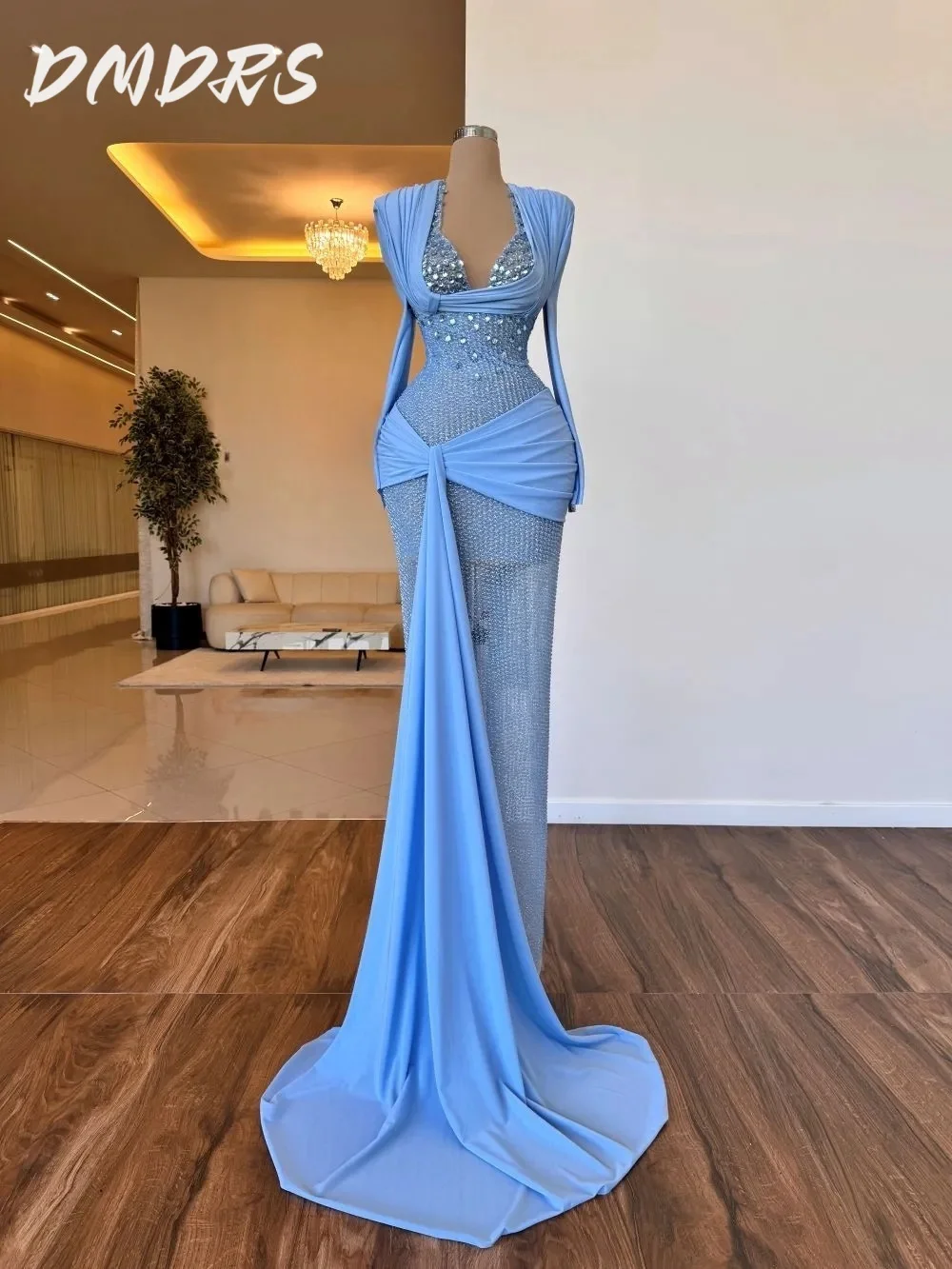 

Sky Blue Beaded Prom Dress 2025 Elegant Sequined Evening Dress Shiny A Line Beaded Sequined Floor Length Gown Customized