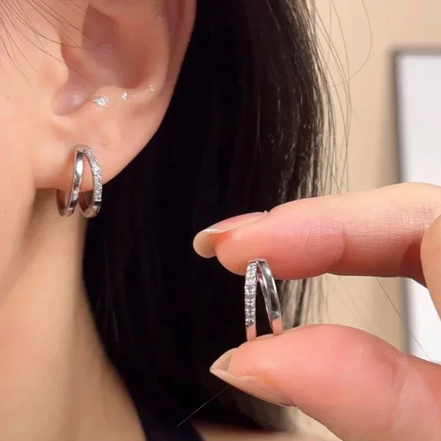 Trendy zilveren kleur dubbellaags zirkoon oorbellen voor dames mode Koreaanse eenvoudige cirkel hoepels oorbellen partij bruiloft sieraden