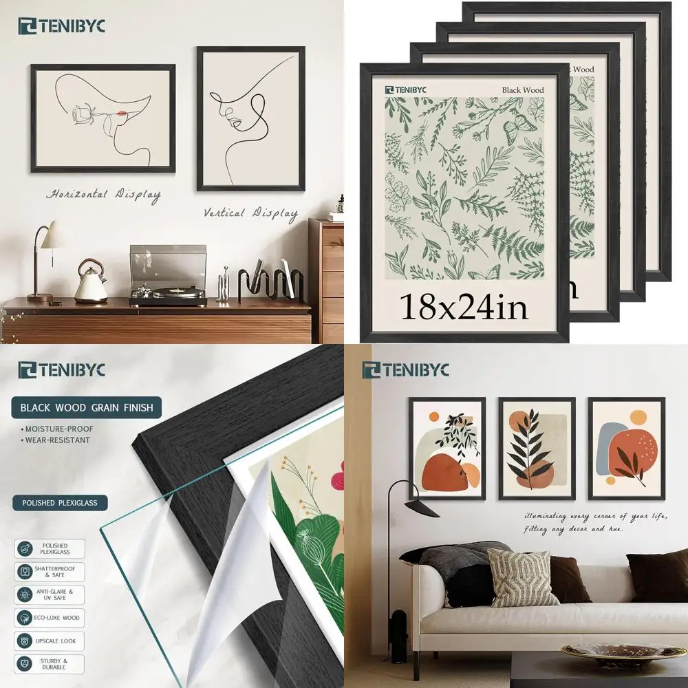 

Набор из 4 черных деревянных рам для плакатов размером 18x24 — деревянный дизайн для дома, офиса или галереи, настенных дисплеев