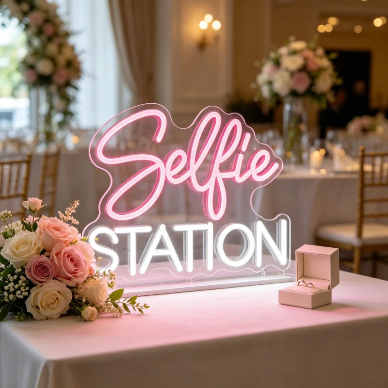「selfie-station」ネオンサイン、usb電源、明るさ調整可能なledネオン装飾、壁掛け、吊り下げに対応