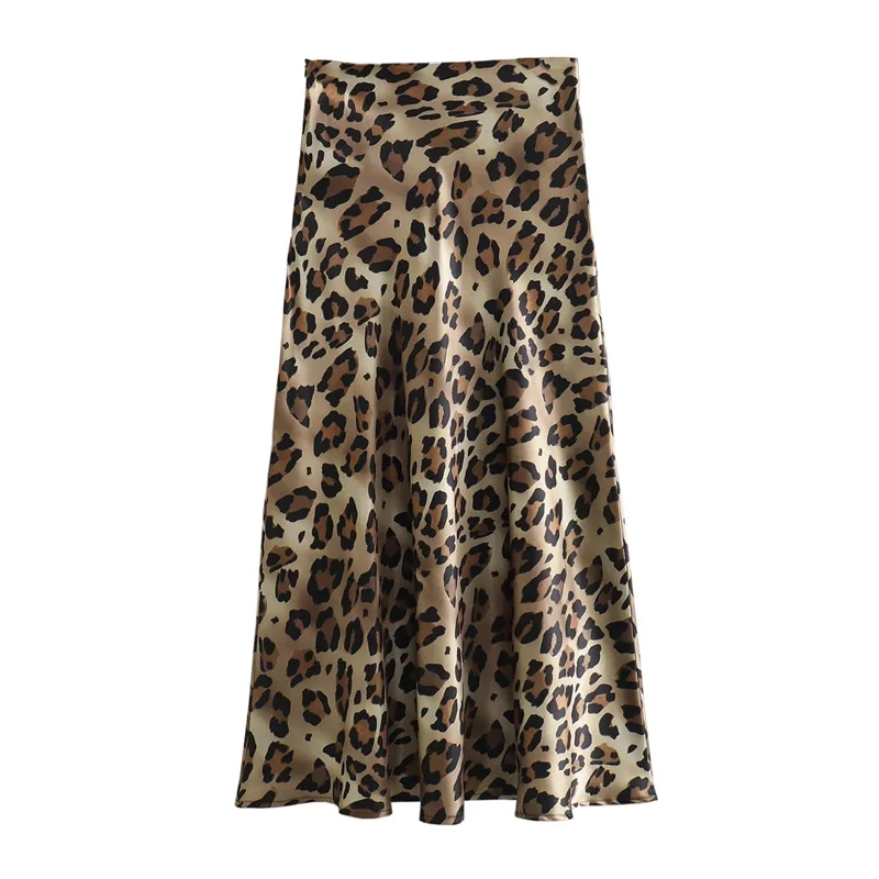 TRAF Leopard Print Skirt Women Vintage Midi Satin Skirt Woman Fashion High Waist Elegant Long Skirts For Women Summer Skirt