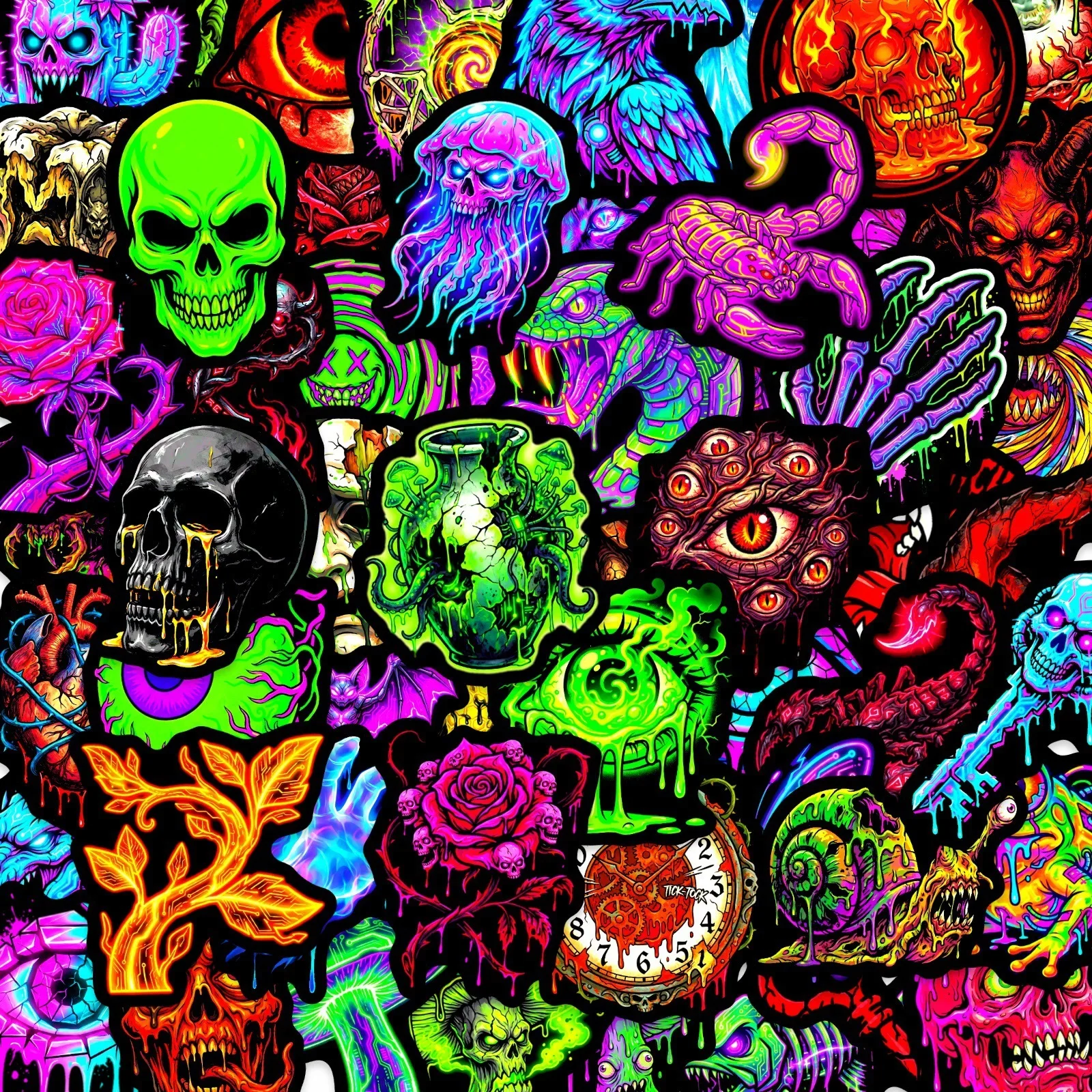 50 Stück Fluoreszierende Totenkopf-Dämon-Horror-Aufkleber, Dekorative Sticker für Skate-Helm, Handy, Koffer, Scrapbook, Auto, Fahrrad, Surfbrett