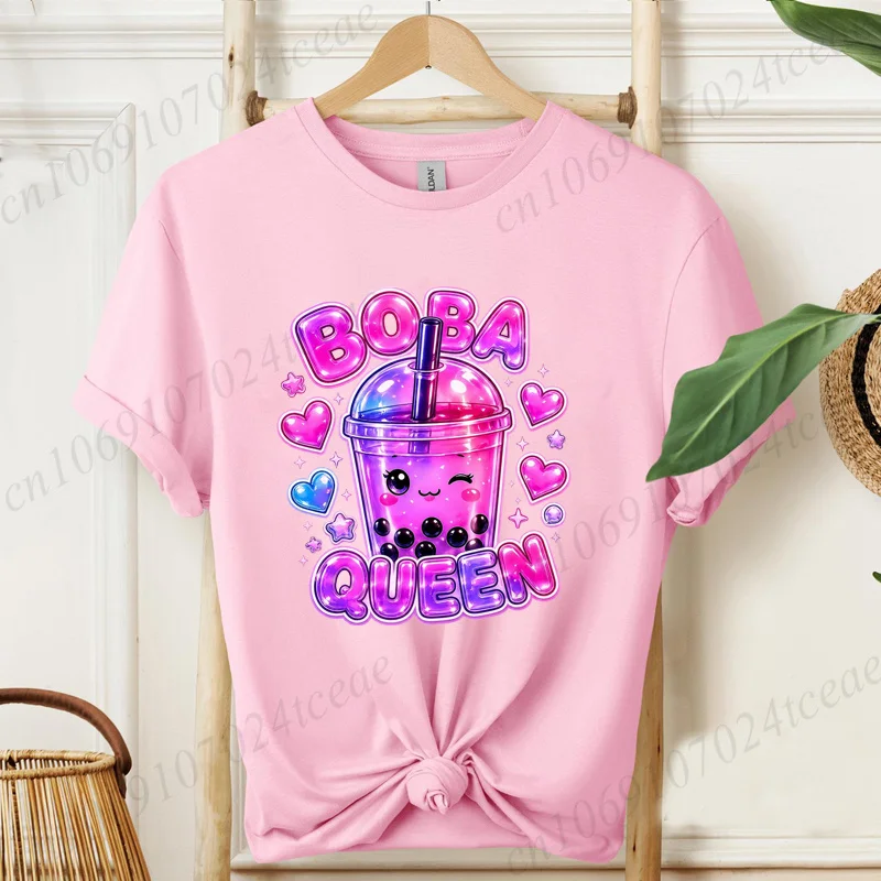 Boba Queen Kawaii Graphic Women's Tshirts Summer Short Sleeve Tee Shirts Cartoon Clothes Kawaii Tops Y2K Aesthetic T-shirt Tops