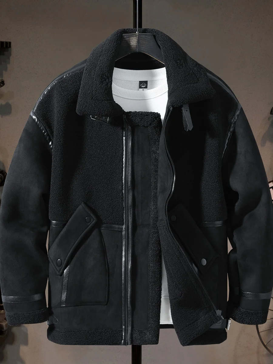 

Faionable Thiened Lamb Velvet Cotton Jaet Men's Winter Stand Collar Windproof Fce Lined Warm Heavy Workwear Leather ...