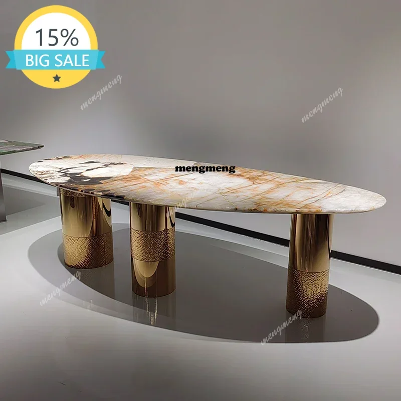 

M53 Трендовая вилла, домашний дизайн, коррозионный/тепловой/легко очищаемый итальянский роскошный обеденный стол из нержавеющей стали, овальный импортный каменный планшет