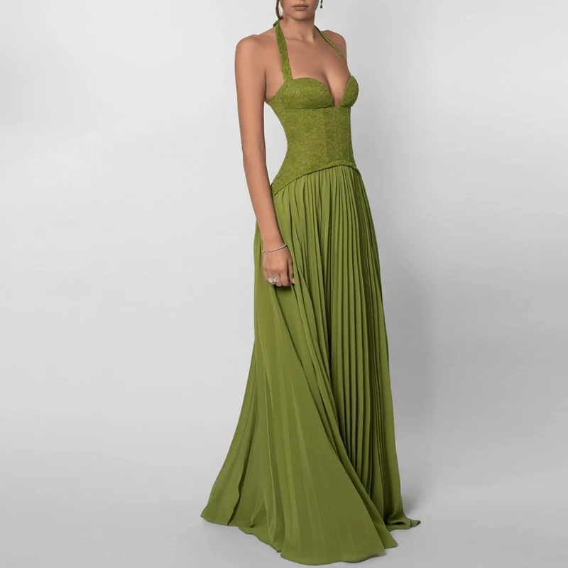 Groene Sexy Laag Uitgesneden V-hals Hemdje Jurk 2026 Lente Zomer Backless Hollow Out Slanke Gewaad Jurk Vakantie Mouwloze Vrouwen Jurk