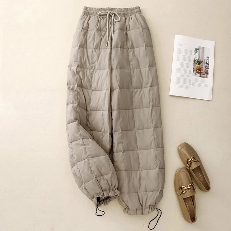 

Female Light Weight Straight Down Cotton Trousers 2024 New Winter Draped Drawstring Quilted Harem Pants for Women