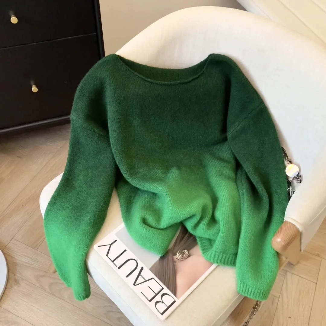 Women\'s Green Gradient O-Neck Sweater Harajuku Korean Y2k Long Sleeves Jumper Sweaters 2024 Winter College Vintage 2000s Clothes