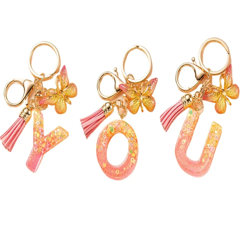 New 2024 A-Z Dreamy Sequin Letters Keychain Tassel Butterfly Pendant Initial Keyring For Women Men Car Key Holder Christmas Gift