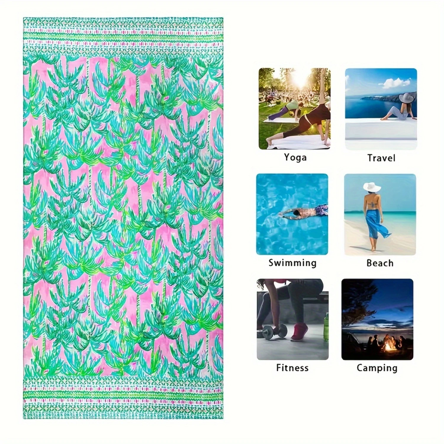 Microfiber Beach Towel, Tropical Green Palm Tree Print, Ultrafine Fibers for Quick Dry, Soft & Absorbent Travel Towel, Perfect f