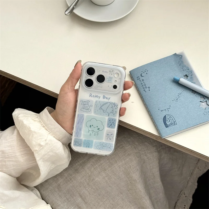 

Cute Rainy Day Phone Case for iPhone 15 16 17 Pro Max Clear Blue Shockproof Protective Cover Aesthetic Kawaii Case