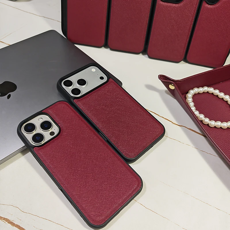 

burgundy Fashion Saffiano Leather Business Phone Case for iPhone 17 16 15 14 13 Pro Max Elegant Shockproof Bumper Cover