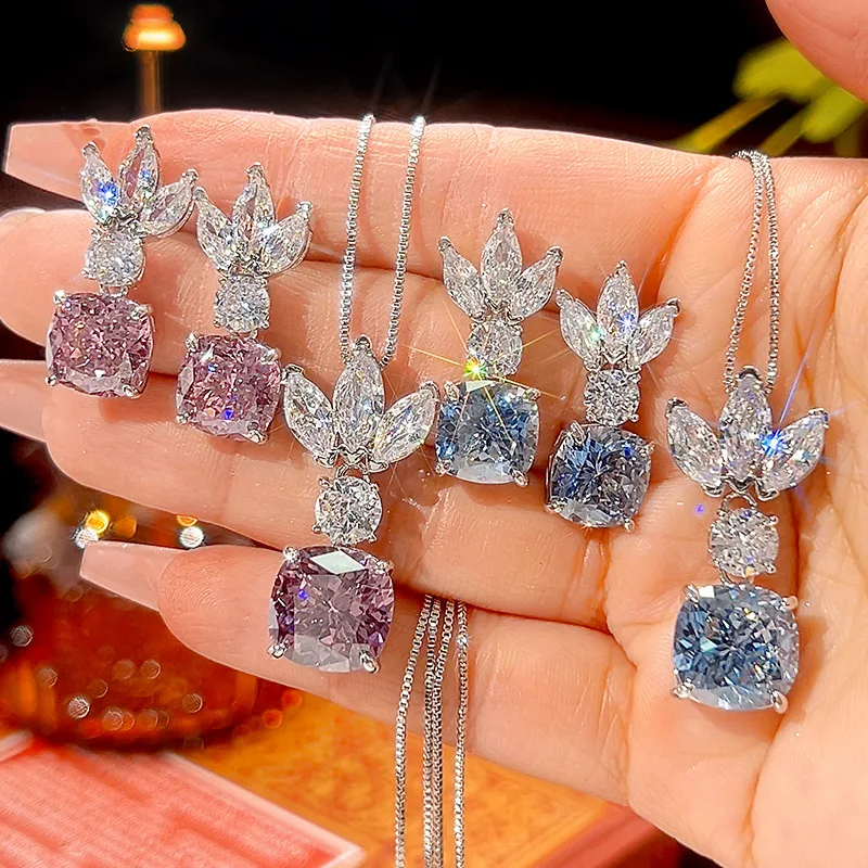 

Luxury Blue Square Zircon Jewelry for Women Sparkling Crystal Leaf Necklace Drop Earrings Bridal Wedding Party Accessory Gift