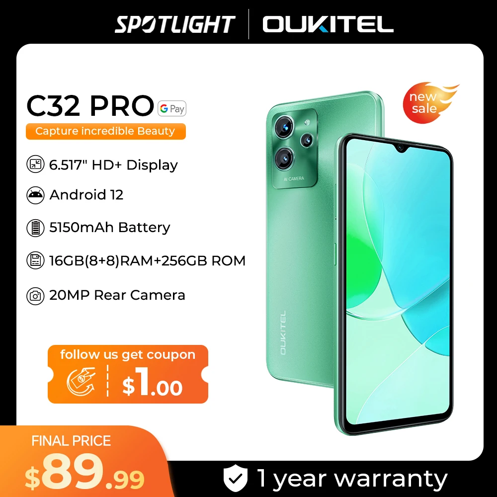 Смартфон Oukitel C32 PRO, 6,517 дюйма, 16 + 256 ГБ, 5150 мАч, фотокамера 20 МП