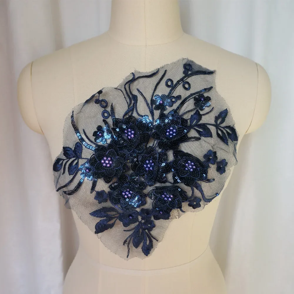 Blu Navy 3D fiore pizzo tessuto perline paillettes nappa ricamato abito da sposa Applique collare cucire Patch per la decorazione di nozze fai da te