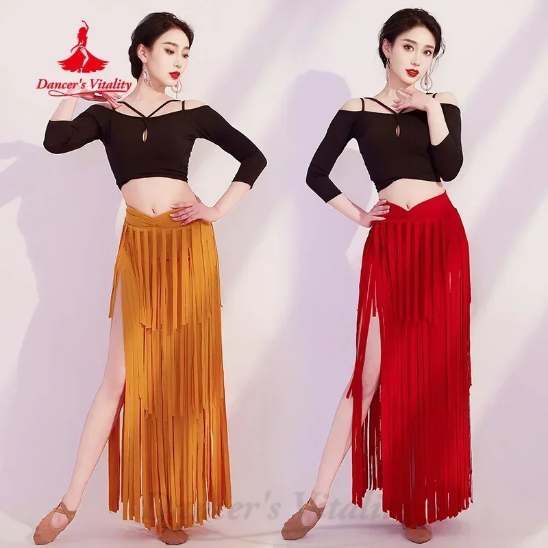 BellyDance Practice Set Long Sleeved Top+Tassel Long Skirt 2pcs Adult Female Oriental Belly Dance Professional Training Clothes