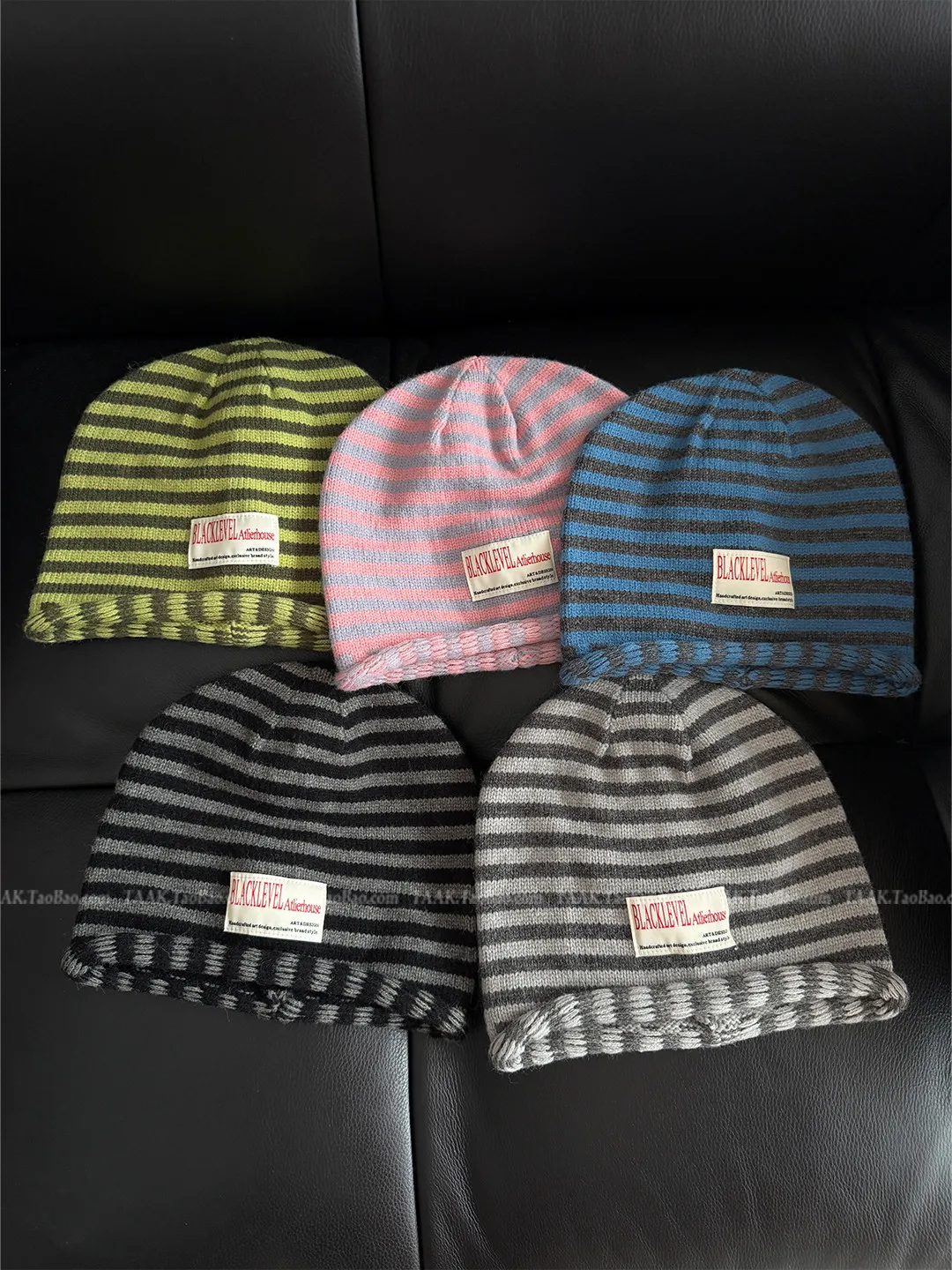 Women Korean Ins Striped Knit Beanie Woven Label Slouchy Face‑Flattering Pull‑On Skull Cap Soft Warm Knitted Hat  Autumn Winter