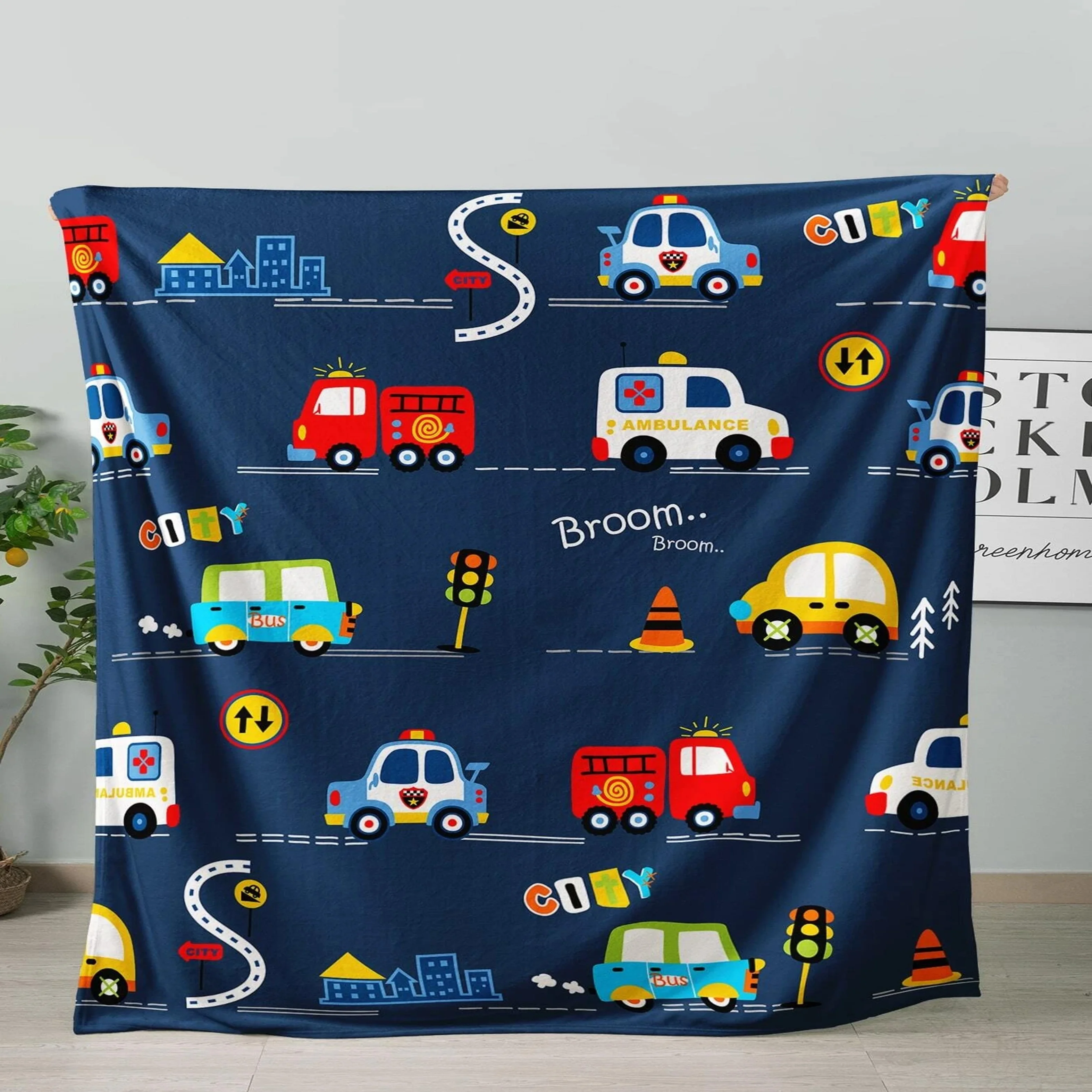 Cartoon Police Fire Ambulance Car Print Soft Flannel Throw Blanket Warm Cozy Sofa Bed Kids Boys Transportation Home Gift Blanket