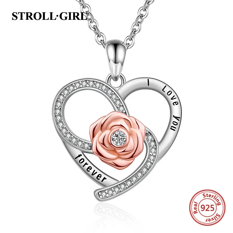 Rose Heart Pendant Chain 925 Sterling Silver Endless Clear Zircon Love Necklace for Women Fine Jewelry  Mother's Birthday Gift