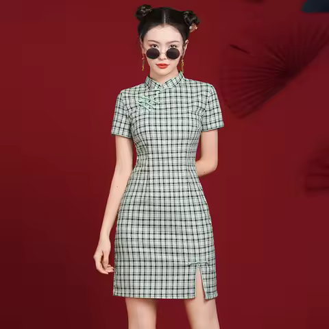 Fashion Plaid Qipao Dress Summer Short Sleeves Women's Cheongsam Modern Oriental Elegant Evening Gown Dresses for Girls