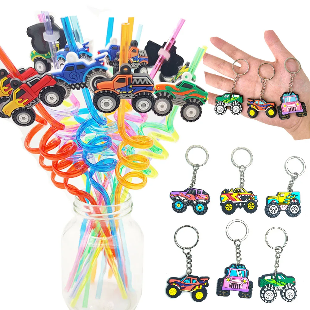 Monster Truck Theme Silicone keychain Drinking Straws Monster Truck Birthday Party Supplies Dessert Plate Napkins Cup Tablecloth