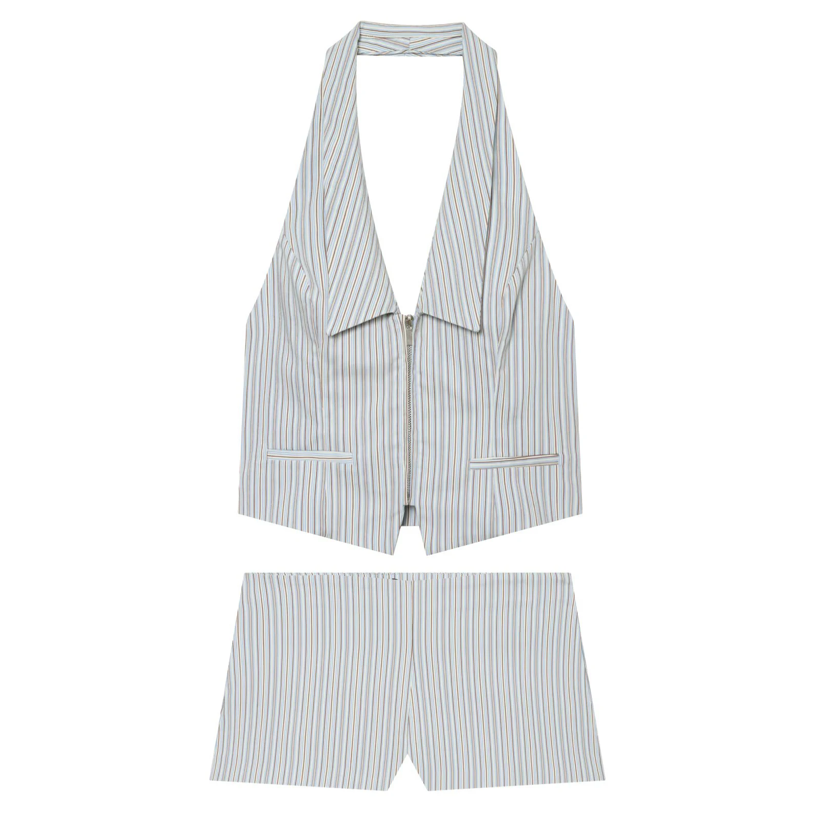 European and American style 2026 summer women's V-neck backless hanging neck vest style top mid waist striped shorts set