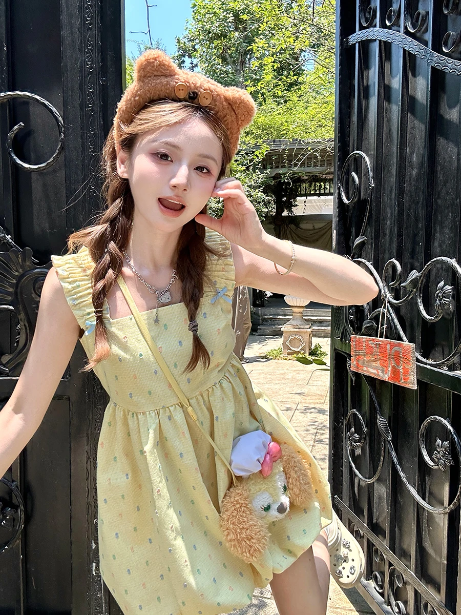 

Loose Svel Doll Top for Women Yellow Contrast Color Dot Pattern Casual Sle Autumn Season Faionable Women's Top