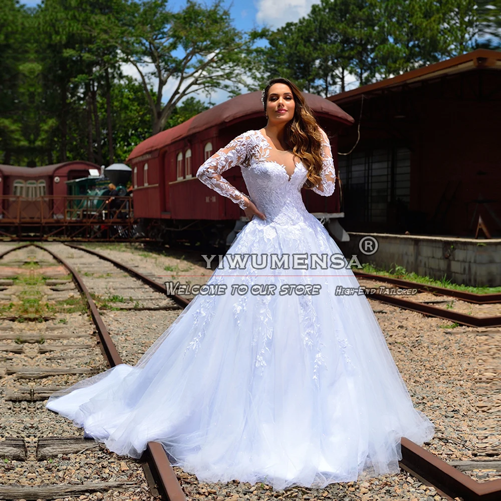 Robe de mariée blanche ligne A, en Tulle, à manches longues, col rond, avec des Appliques, sur mesure, pour fête formelle, mariage pour femmes, 2023