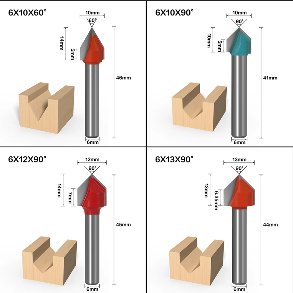 6mm V Bit-1PCS,CNC solid carbide end mill,tungsten steel woodworking milling cutter,3D wood MDF router bit,60 90 120 150 degrees